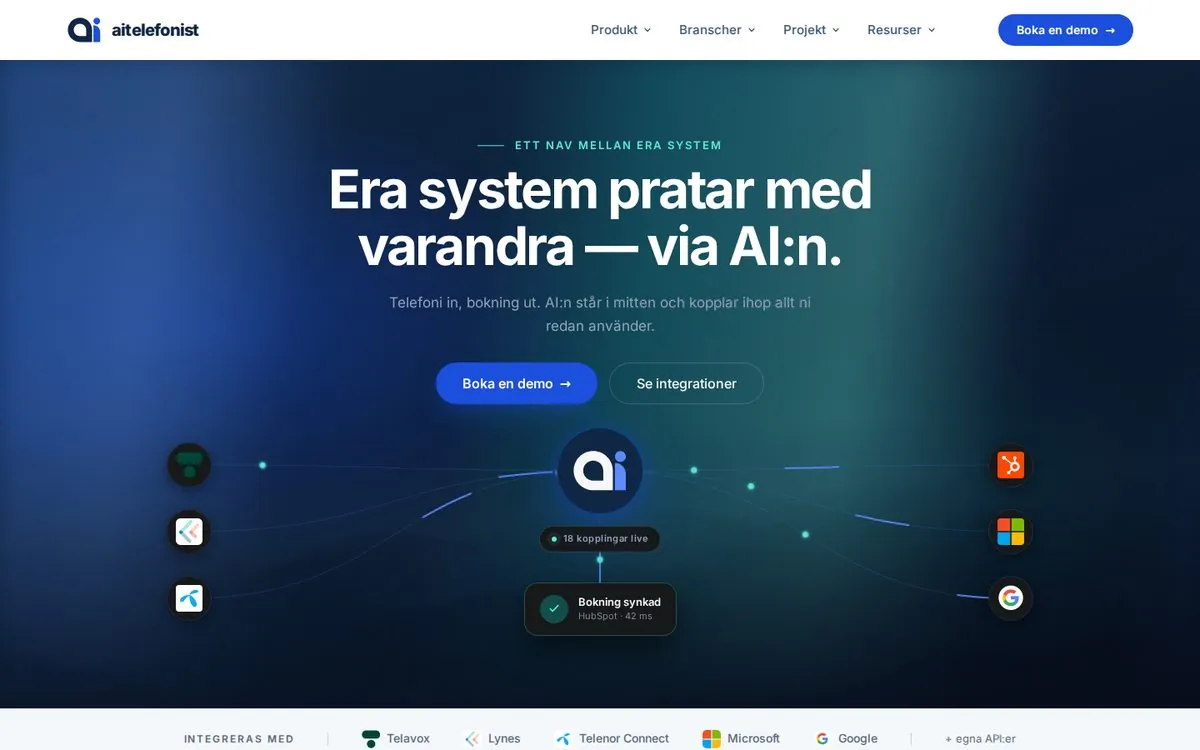 aitelefonist, startsida. AI-telefonist som kopplar ihop telefoni och bokning