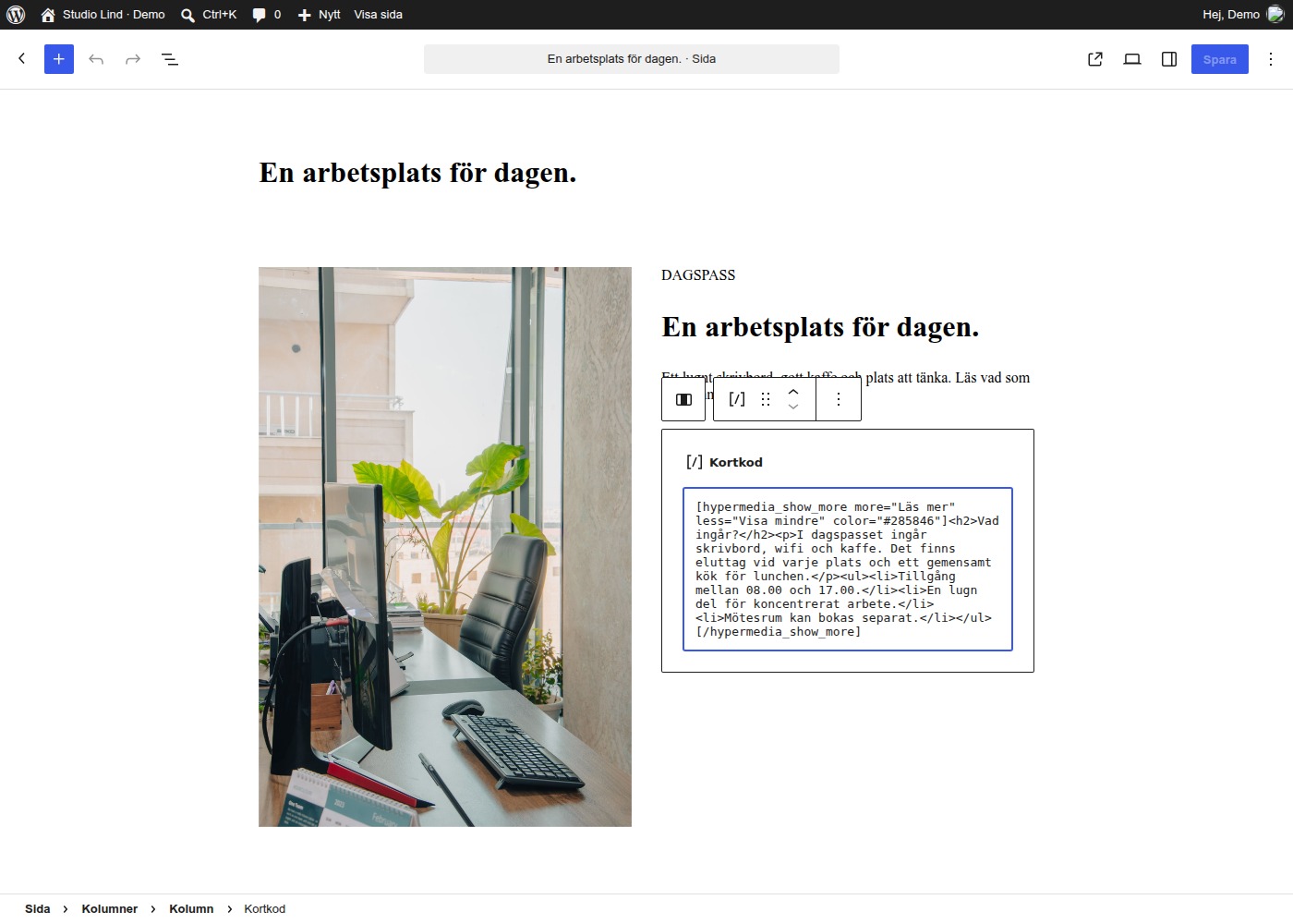 Skriv i WordPress. Lägg fördjupningen i ett Kortkod-block. Välj vad som ska stå på knappen.